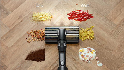 Philips&nbsp;AquaTrio 9000.&nbsp;sērijas sausās un mitrās uzkop&scaron;anas bezvadu putekļsūcējs savāc mitrus un sausus netīrumus.