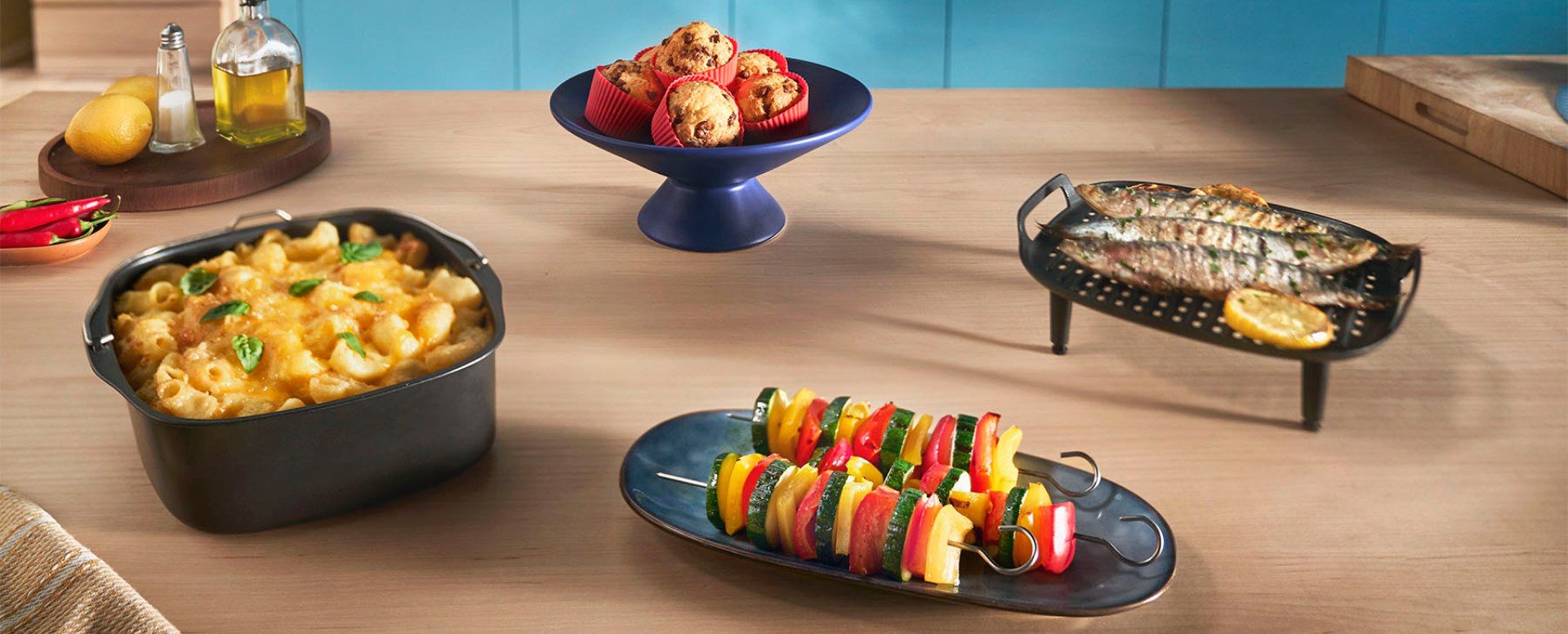 dažādi ēdieni, kurus var fritēt ar karstu gaisu, izmantojot mūsu piederumus